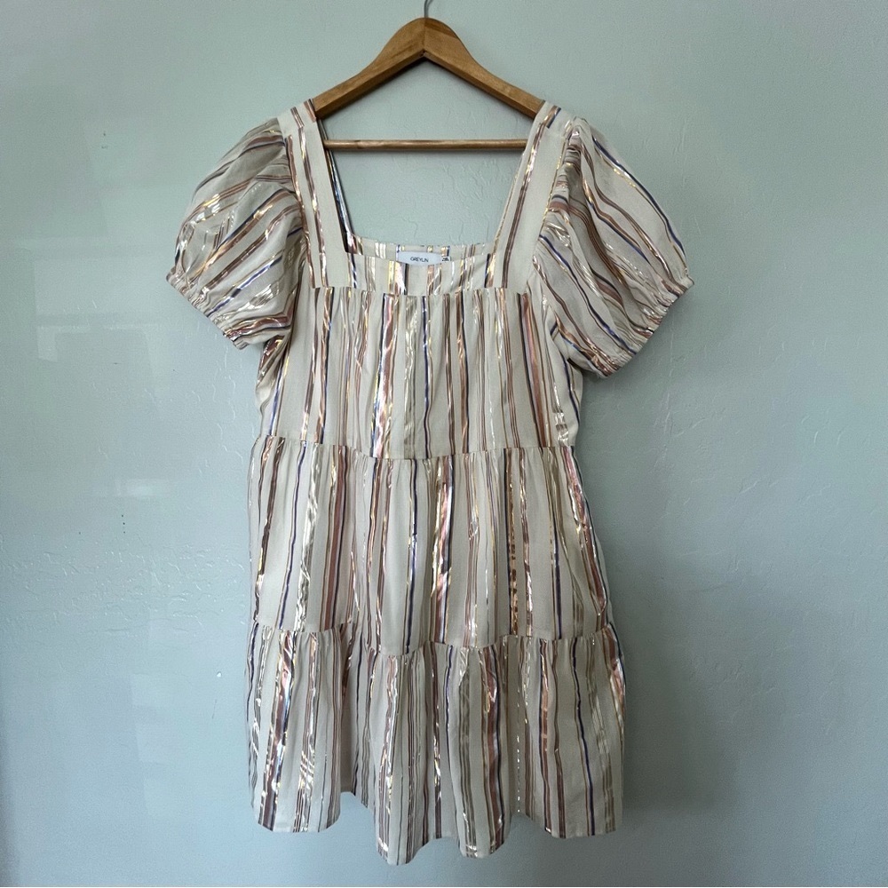 Greylin women’s dress Large metallic stripes flowy puff sleeves feminine party